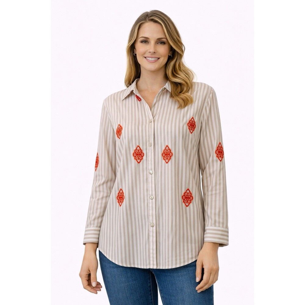 Chico's Women's Striped Button Front Blouse Size 2 L Beige White Red Embroidered